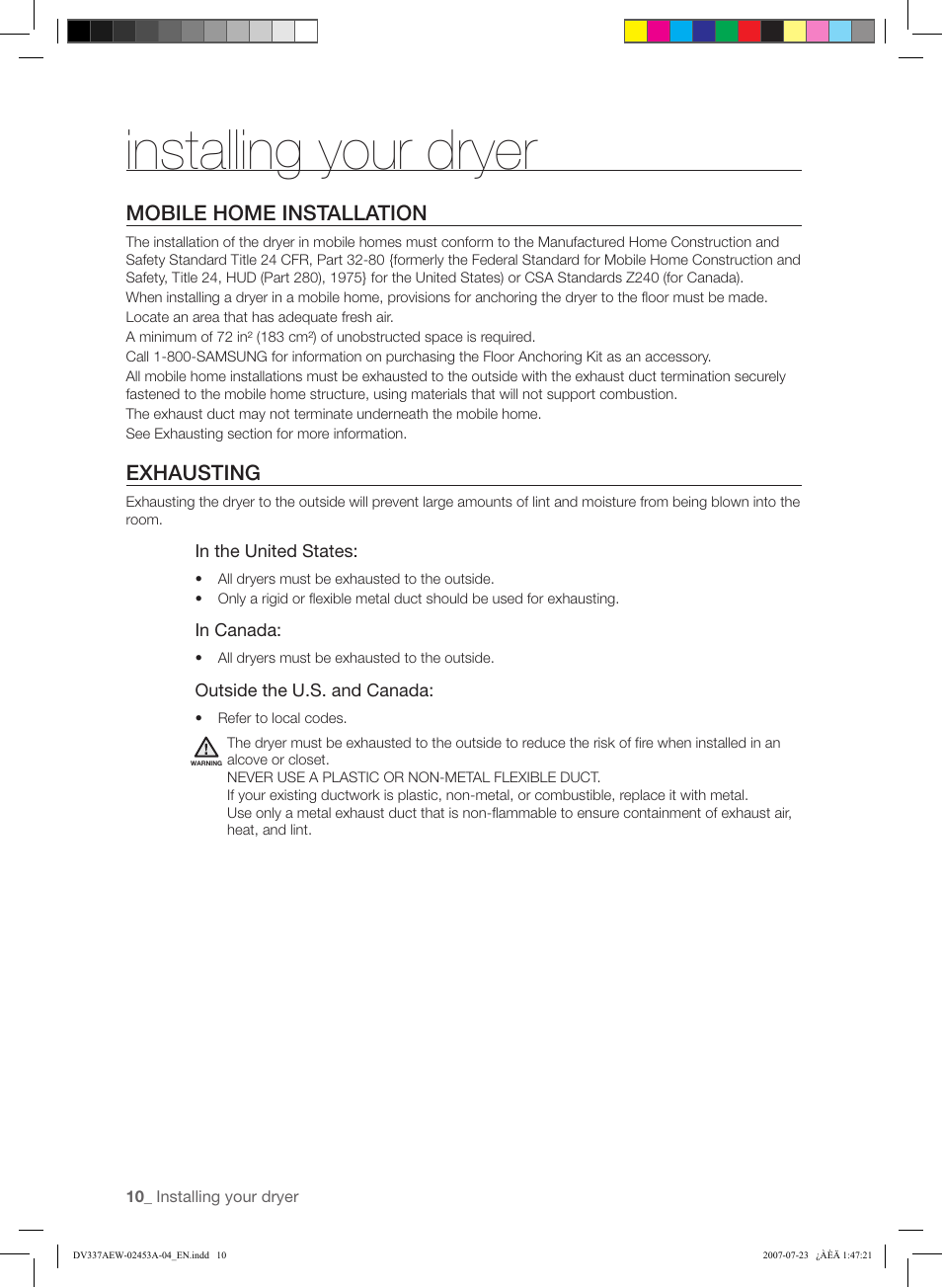 Installing your dryer, Mobile home installation, Exhausting | Samsung DV328 User Manual | Page 10 / 32