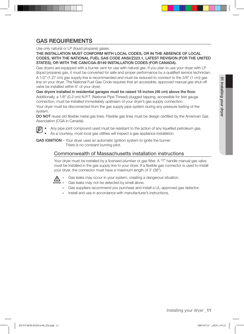 Gas requirements | Samsung DV328 User Manual | Page 11 / 32