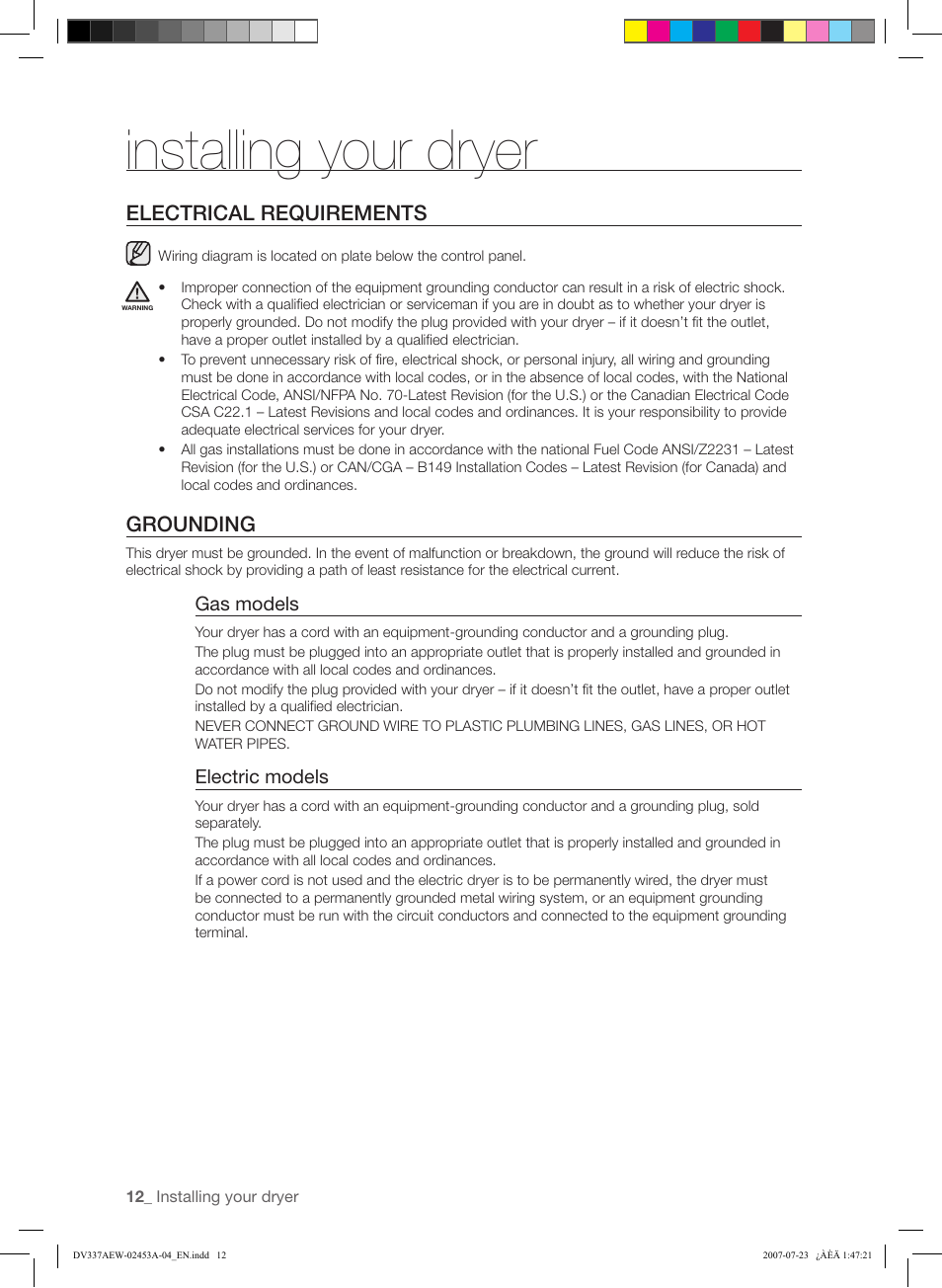 Installing your dryer, Electrical requirements, Grounding | Samsung DV328 User Manual | Page 12 / 32