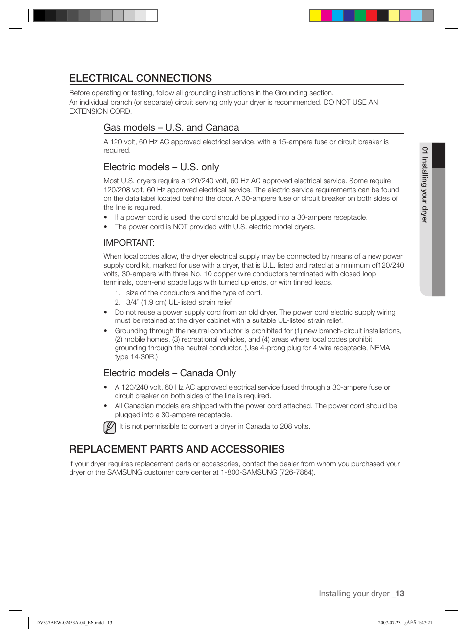 Electrical connections, Replacement parts and accessories, Gas models – u.s. and canada | Electric models – u.s. only, Electric models – canada only | Samsung DV328 User Manual | Page 13 / 32