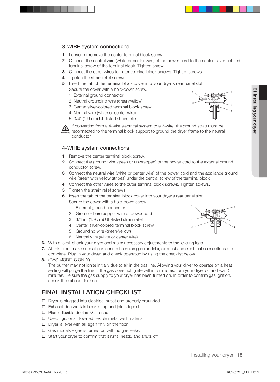 Final installation checklist, Wire system connections | Samsung DV328 User Manual | Page 15 / 32