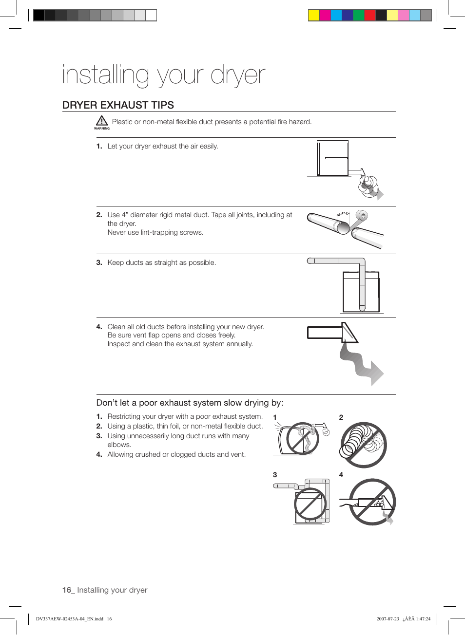Installing your dryer, Dryer exhaust tips | Samsung DV328 User Manual | Page 16 / 32