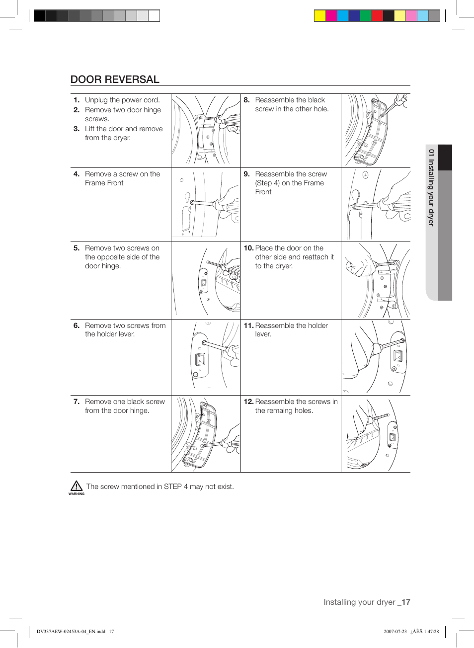 Door reversal | Samsung DV328 User Manual | Page 17 / 32