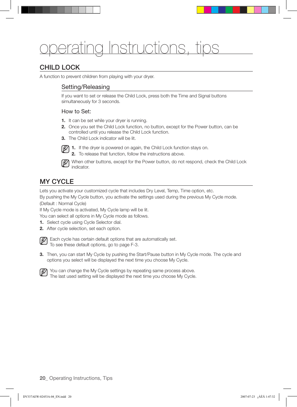 Operating instructions, tips, Child lock, My cycle | Samsung DV328 User Manual | Page 20 / 32