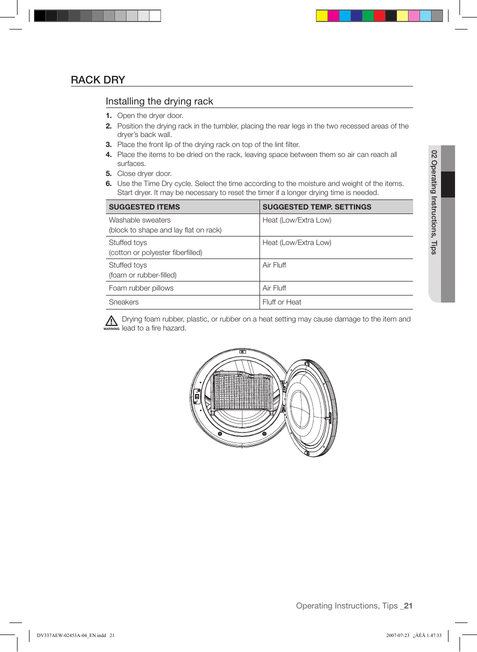 Rack dry, Installing the drying rack | Samsung DV328 User Manual | Page 21 / 32
