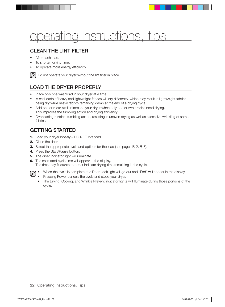 Operating instructions, tips, Clean the lint filter, Load the dryer properly | Getting started | Samsung DV328 User Manual | Page 22 / 32