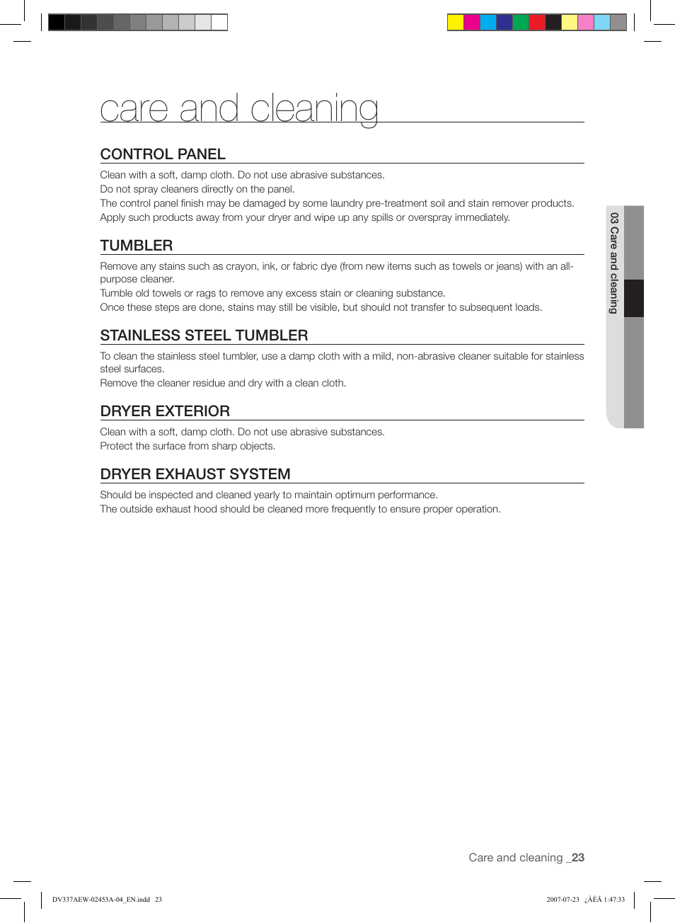 Care and cleaning | Samsung DV328 User Manual | Page 23 / 32