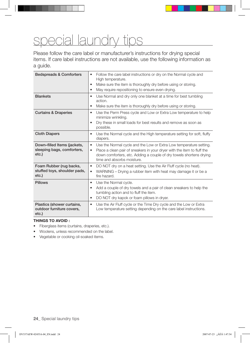 Special laundry tips | Samsung DV328 User Manual | Page 24 / 32