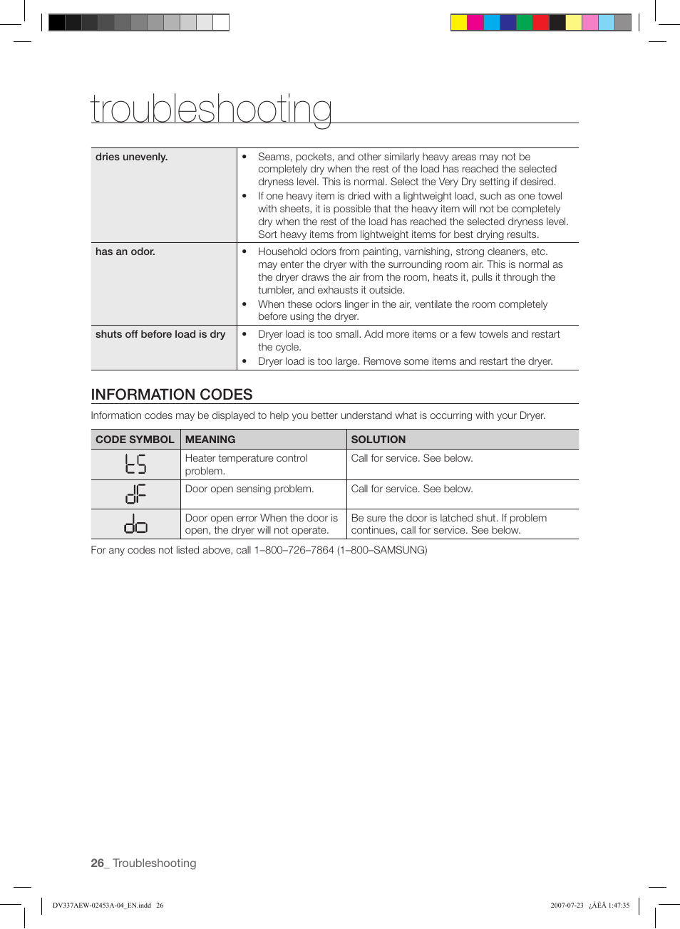 Troubleshooting, Information codes | Samsung DV328 User Manual | Page 26 / 32