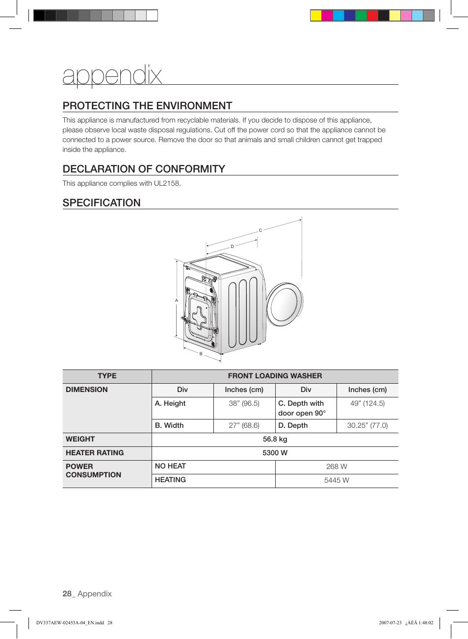 Appendix, Protecting the environment, Declaration of conformity | Specification | Samsung DV328 User Manual | Page 28 / 32