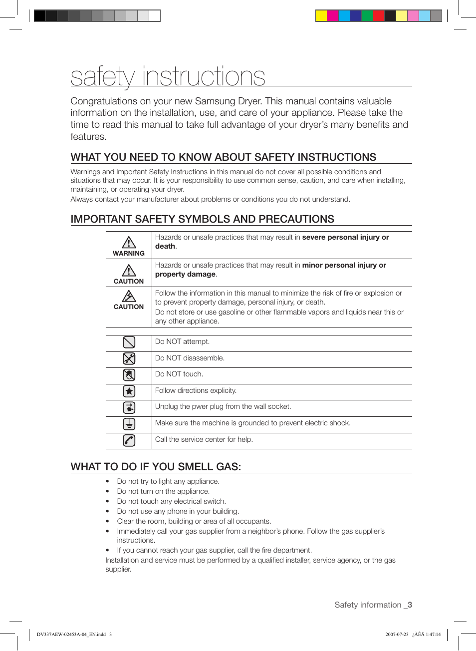 Safety instructions, What you need to know about safety instructions, Important safety symbols and precautions | What to do if you smell gas | Samsung DV328 User Manual | Page 3 / 32