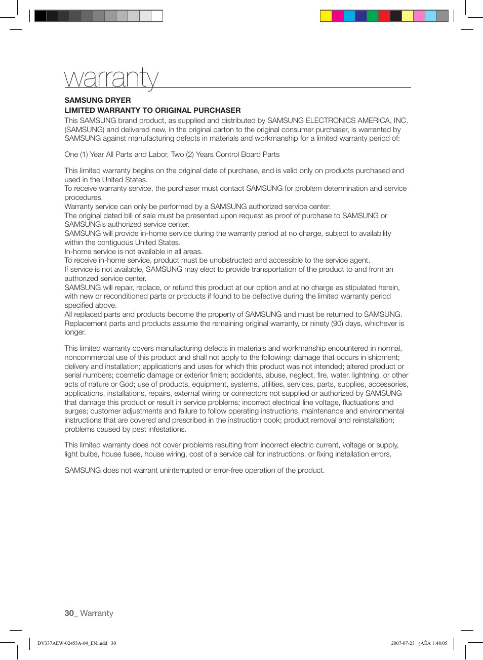 Warranty | Samsung DV328 User Manual | Page 30 / 32