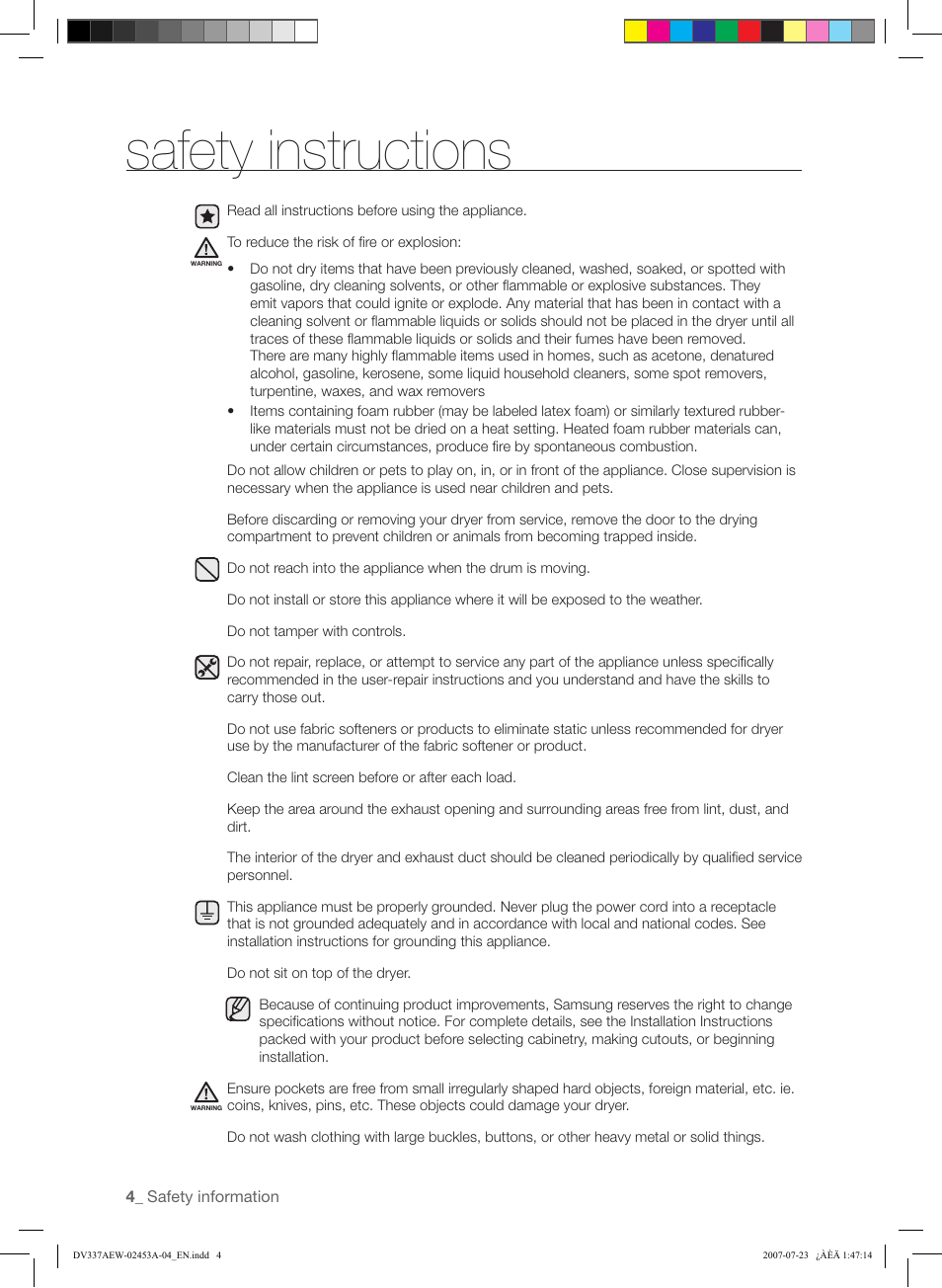 Safety instructions | Samsung DV328 User Manual | Page 4 / 32