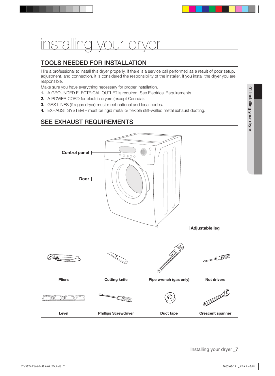 Installing your dryer, Tools needed for installation, See exhaust requirements | Samsung DV328 User Manual | Page 7 / 32