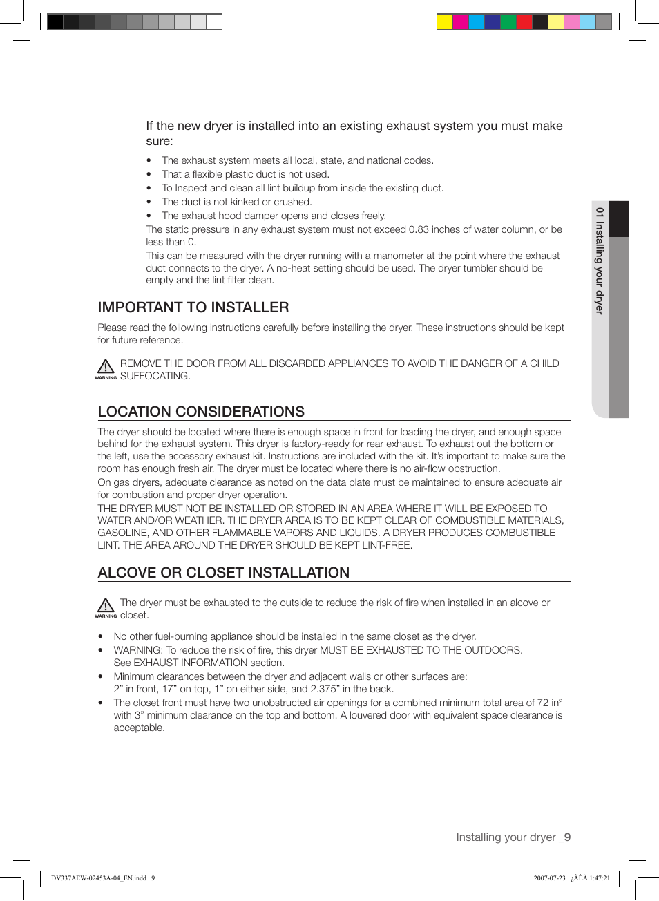 Important to installer, Location considerations, Alcove or closet installation | Samsung DV328 User Manual | Page 9 / 32