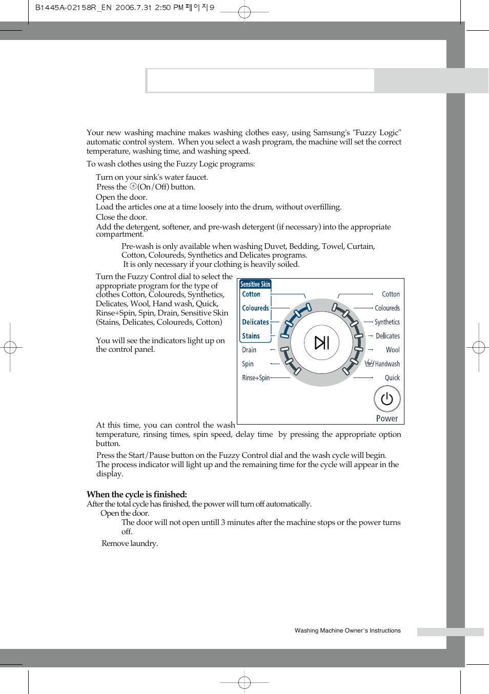 Washing a load of laundry, Washing clothes using fuzzy logic | Samsung F1245A(V/S/C) User Manual | Page 13 / 24