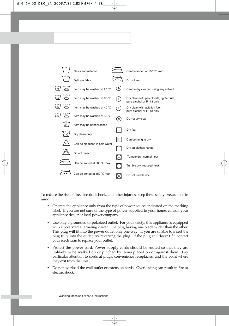 Appendix, Fabric care chart electrical warnings | Samsung F1245A(V/S/C) User Manual | Page 22 / 24