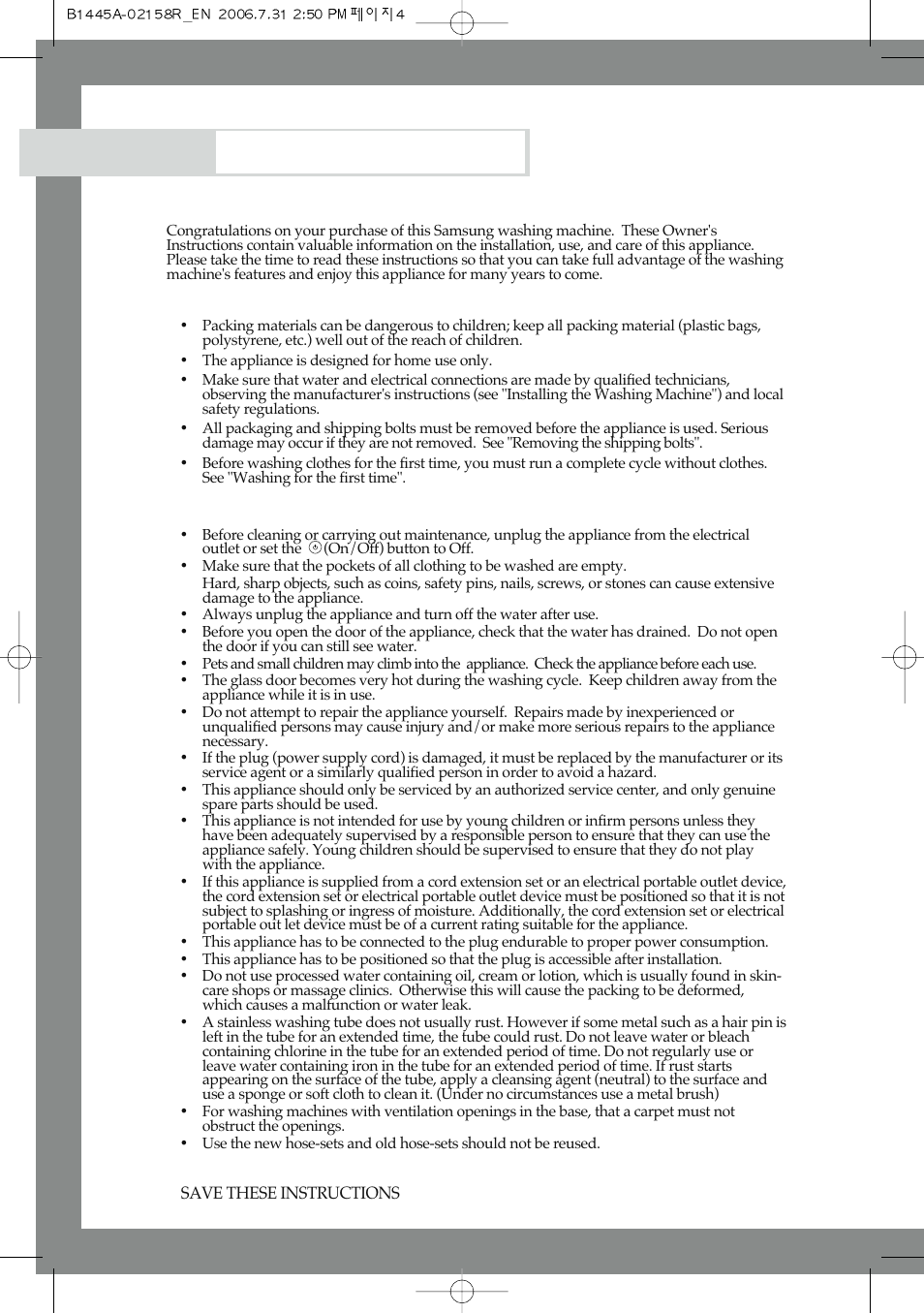 Safety precautions, Before using the appliance, Safety instructions | Samsung F1245A(V/S/C) User Manual | Page 4 / 24