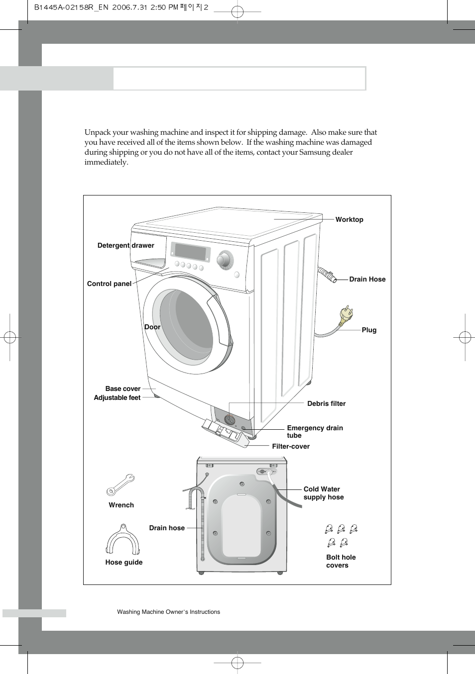 Installing the washing machine, Unpacking the washing machine, Overview of the washing machine | Samsung F1245A(V/S/C) User Manual | Page 6 / 24