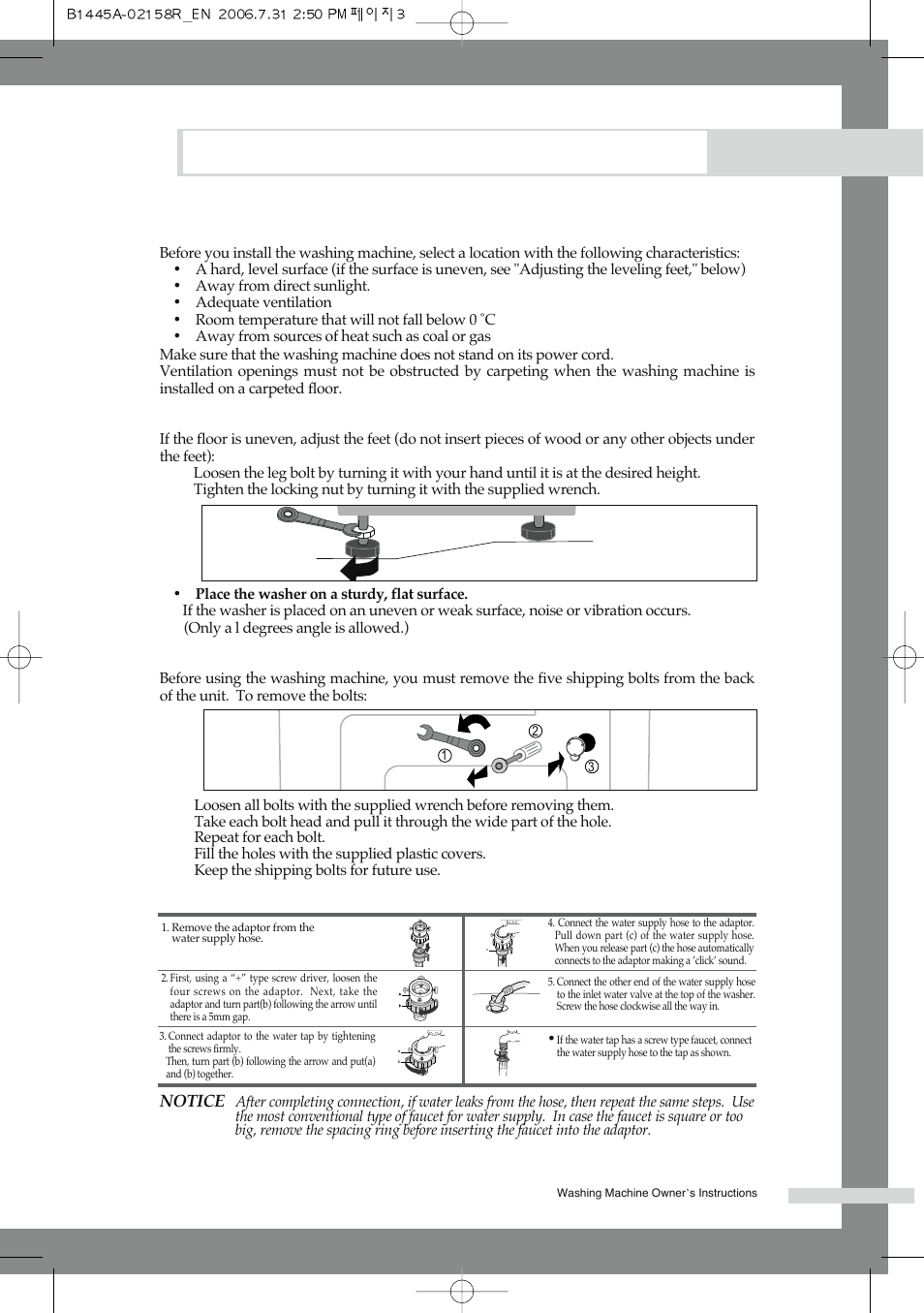 Installing the washing machine, Selecting a location, Adjusting the leveling feet | Removing the shipping bolts, Connecting the water supply hose(option) | Samsung F1245A(V/S/C) User Manual | Page 7 / 24