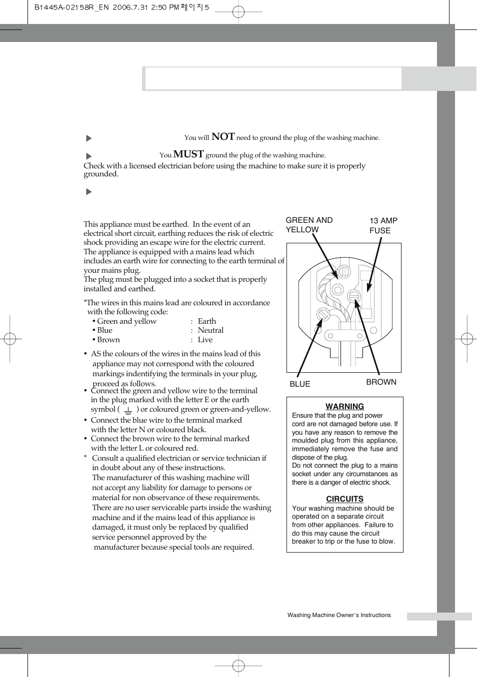 Installing the washing machine, Plugging in the machine, Must | Samsung F1245A(V/S/C) User Manual | Page 9 / 24