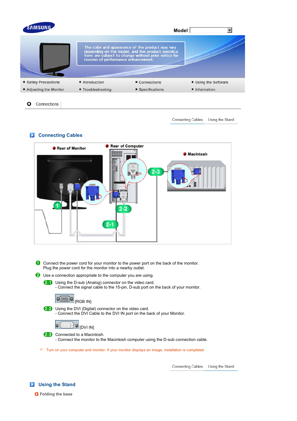 Connections, Connecting cables, Using the stand | Samsung 2032GW User Manual | Page 17 / 60