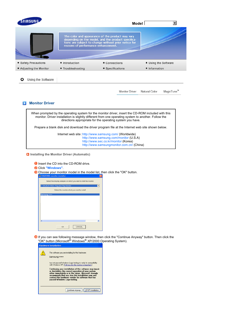 Using the software, Monitor driver | Samsung 2032GW User Manual | Page 19 / 60