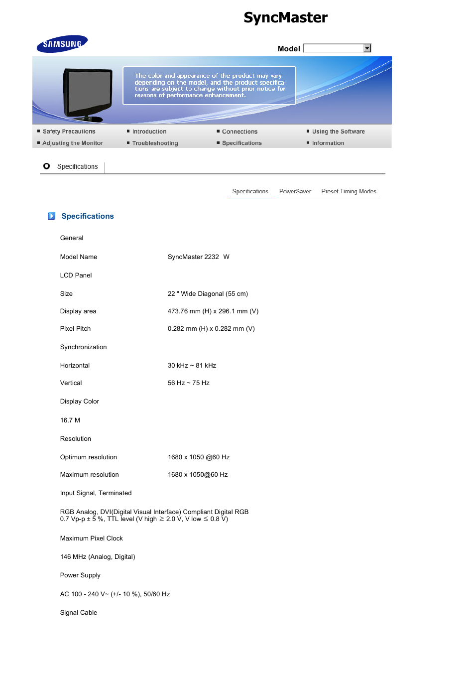 Syncmaster 2232bw, Specifications | Samsung 2032GW User Manual | Page 53 / 60