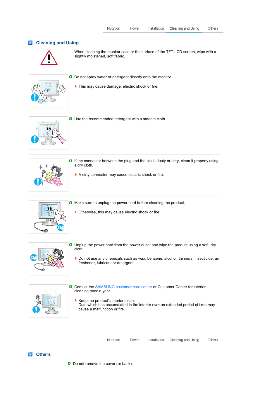 Cleaning and using, Others | Samsung 2032GW User Manual | Page 6 / 60