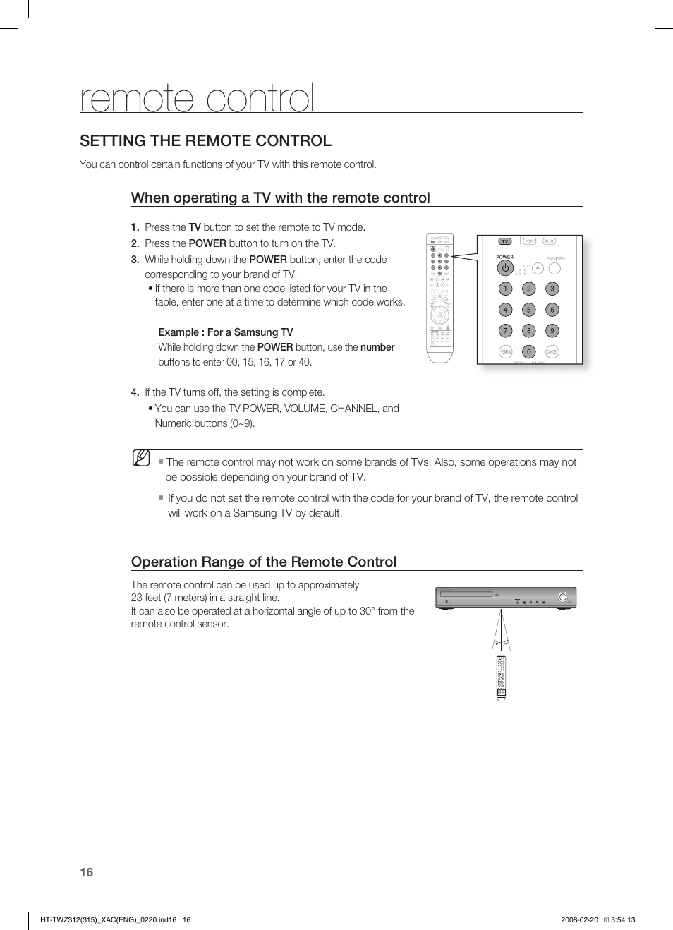 Remote control, Setting the remote control | Samsung HT-TWZ315 User Manual | Page 17 / 72