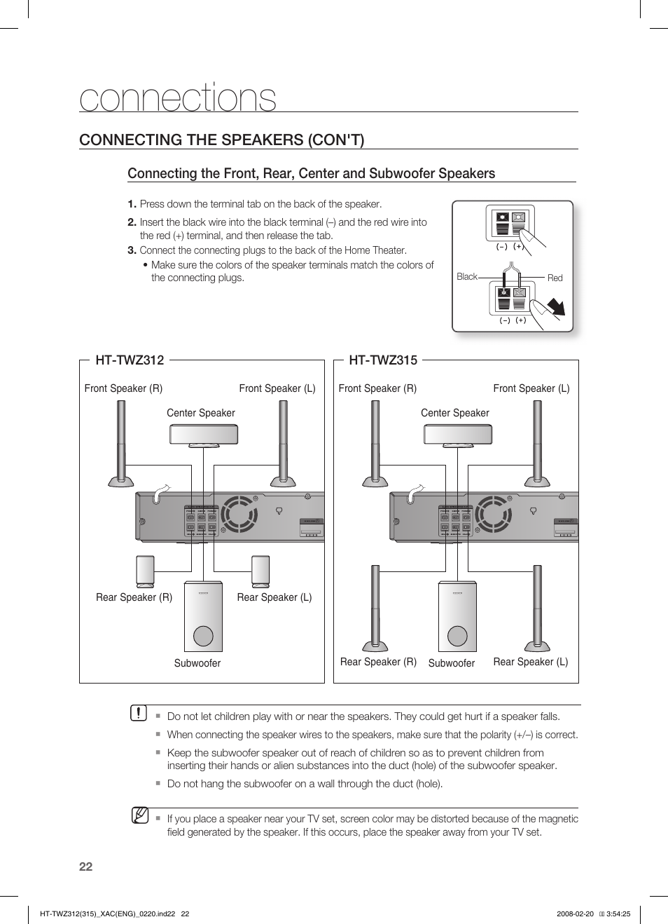 Connections, Connecting the speakers (con't) | Samsung HT-TWZ315 User Manual | Page 23 / 72