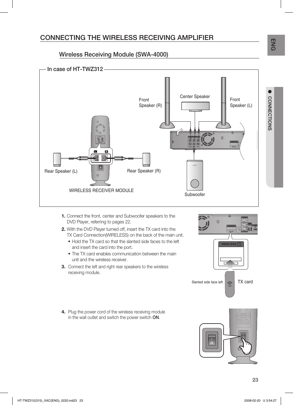 Connecting the wireless receiving amplifier, Wireless receiving module (swa-4000) | Samsung HT-TWZ315 User Manual | Page 24 / 72