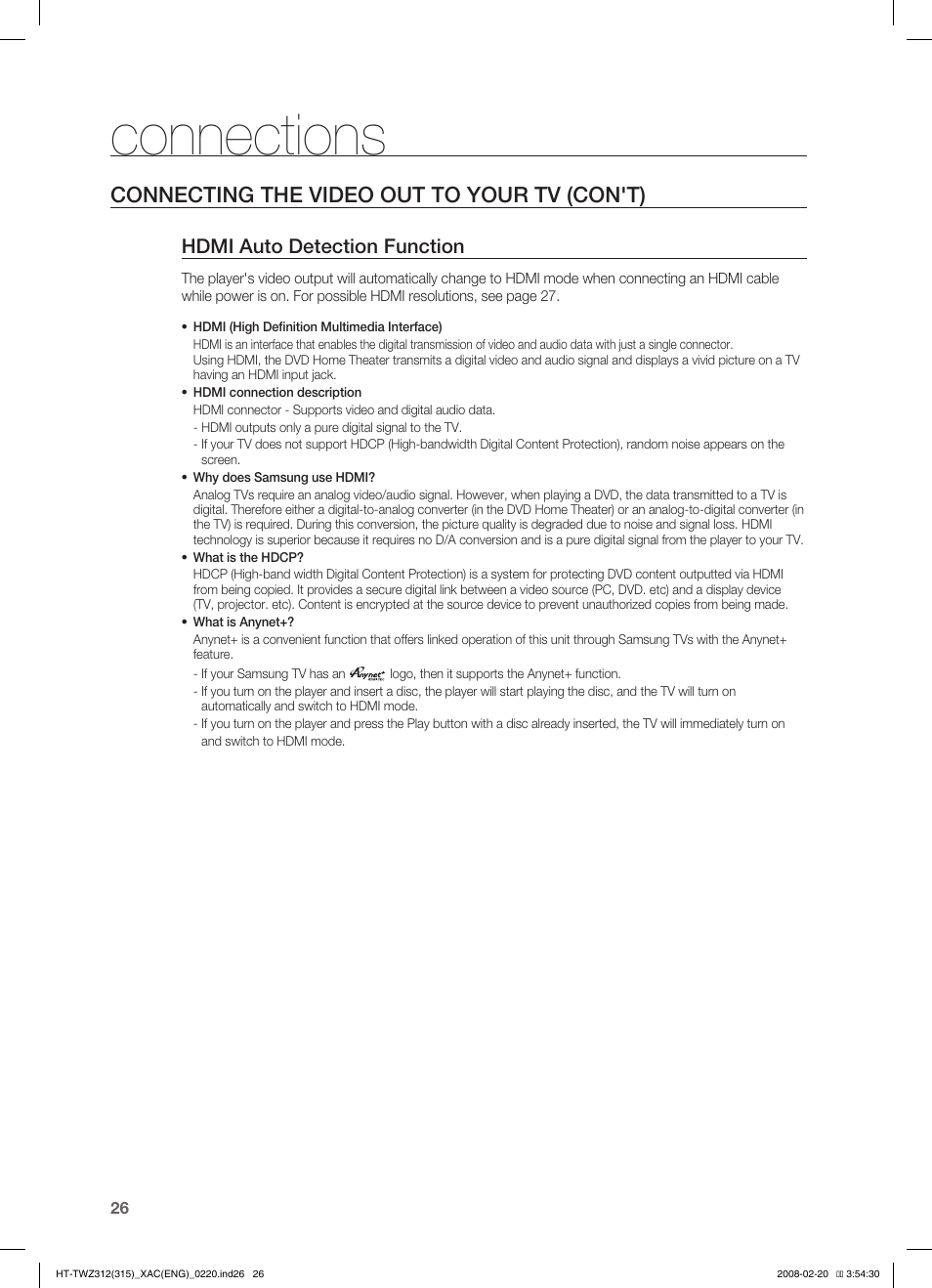 Connections, Connecting the video out to your tv (con't), Hdmi auto detection function | Samsung HT-TWZ315 User Manual | Page 27 / 72