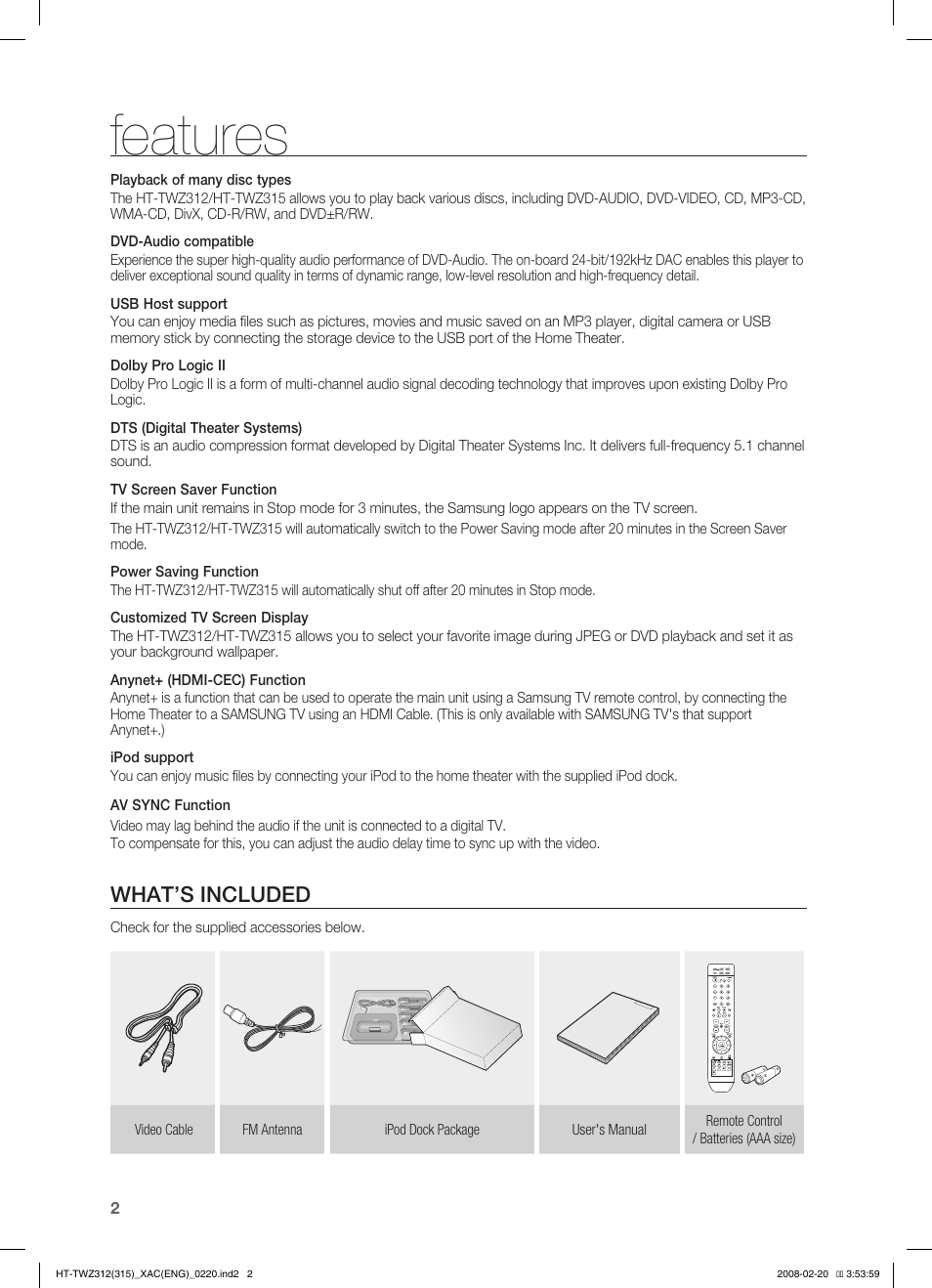 Features, What’s included | Samsung HT-TWZ315 User Manual | Page 3 / 72