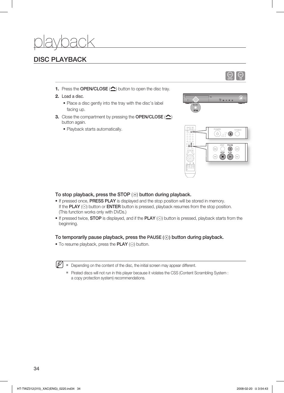 Playback, Disc playback | Samsung HT-TWZ315 User Manual | Page 35 / 72