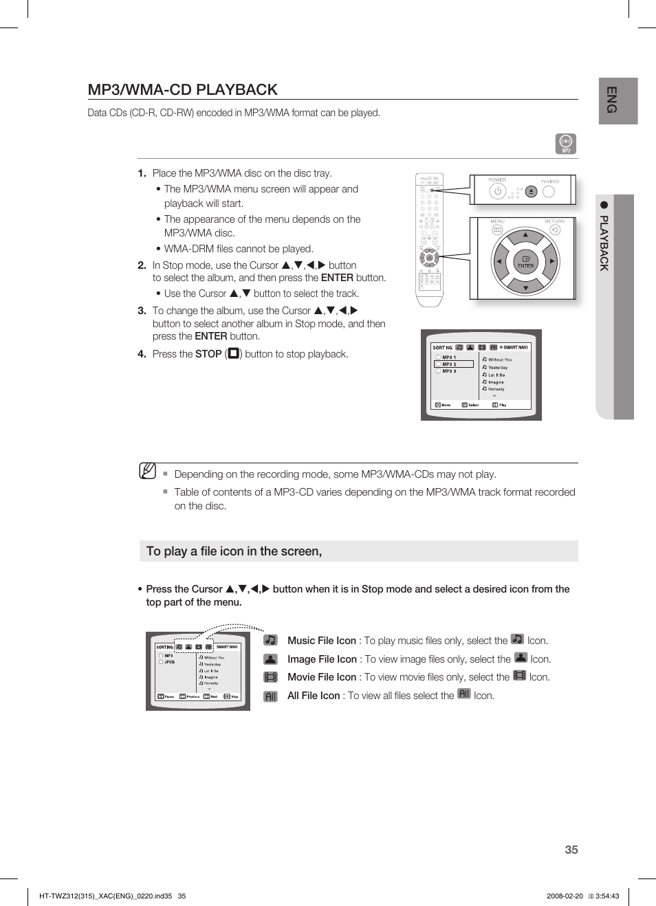 Mp3/wma-cd playback | Samsung HT-TWZ315 User Manual | Page 36 / 72