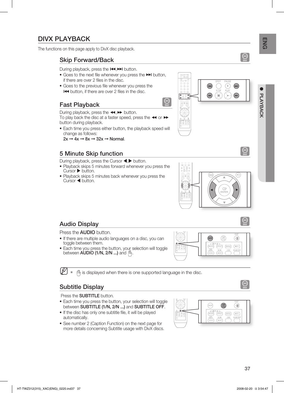 Divx playback | Samsung HT-TWZ315 User Manual | Page 38 / 72
