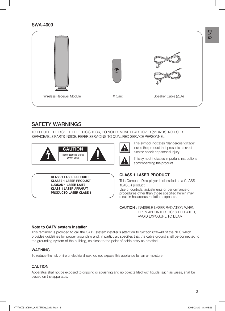 Safety warnings, Swa-4000 | Samsung HT-TWZ315 User Manual | Page 4 / 72