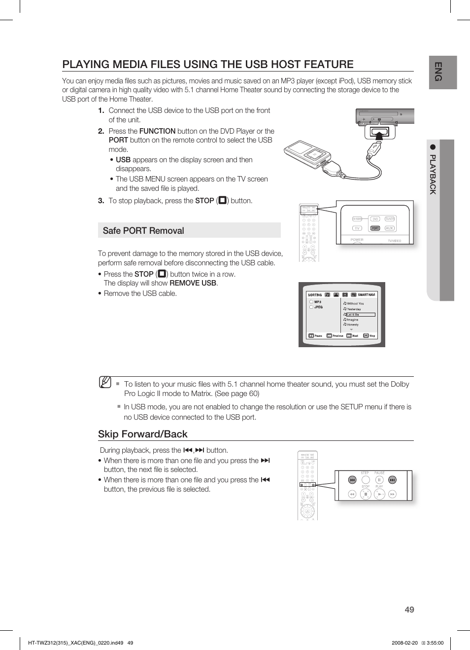 Playing media files using the usb host feature, Skip forward/back | Samsung HT-TWZ315 User Manual | Page 50 / 72