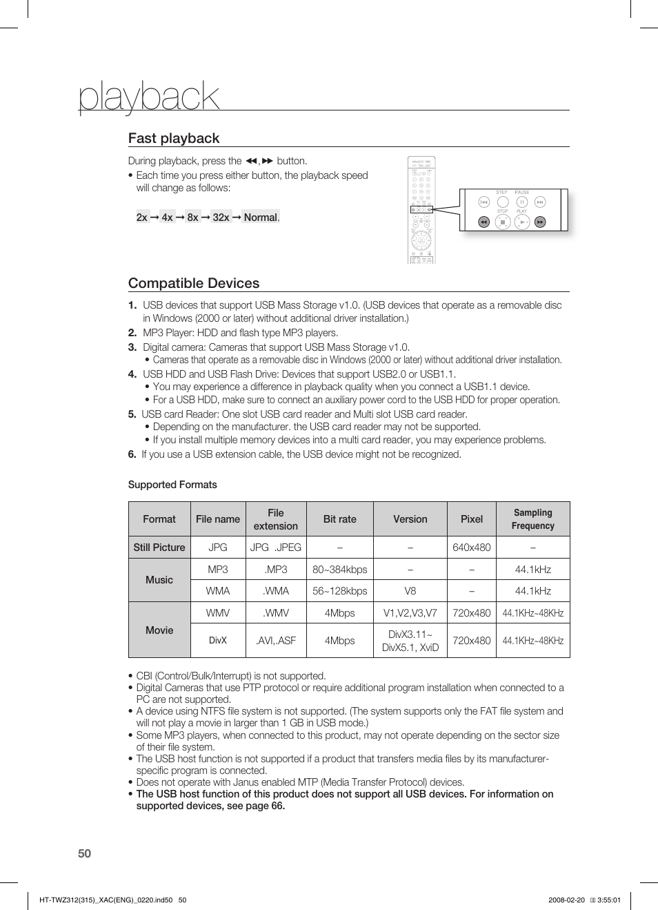 Playback, Fast playback, Compatible devices | Samsung HT-TWZ315 User Manual | Page 51 / 72