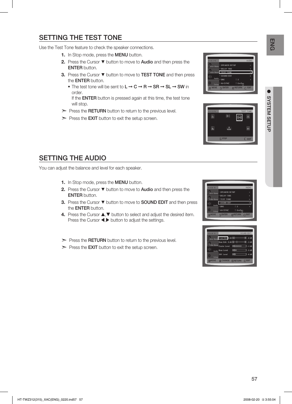 Setting the test tone, Setting the audio | Samsung HT-TWZ315 User Manual | Page 58 / 72