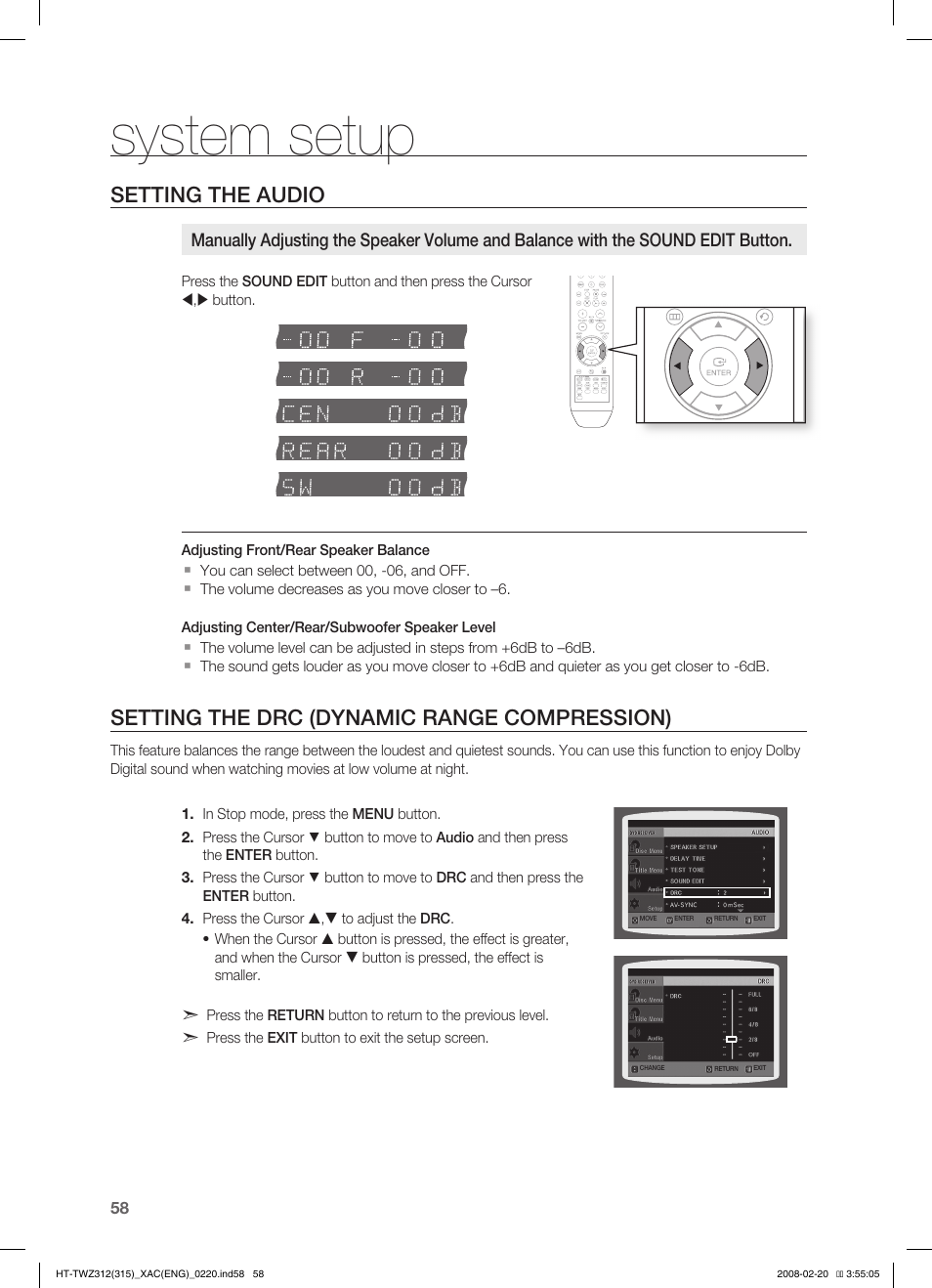 System setup, Setting the audio, Setting the drc (dynamic range compression) | Samsung HT-TWZ315 User Manual | Page 59 / 72