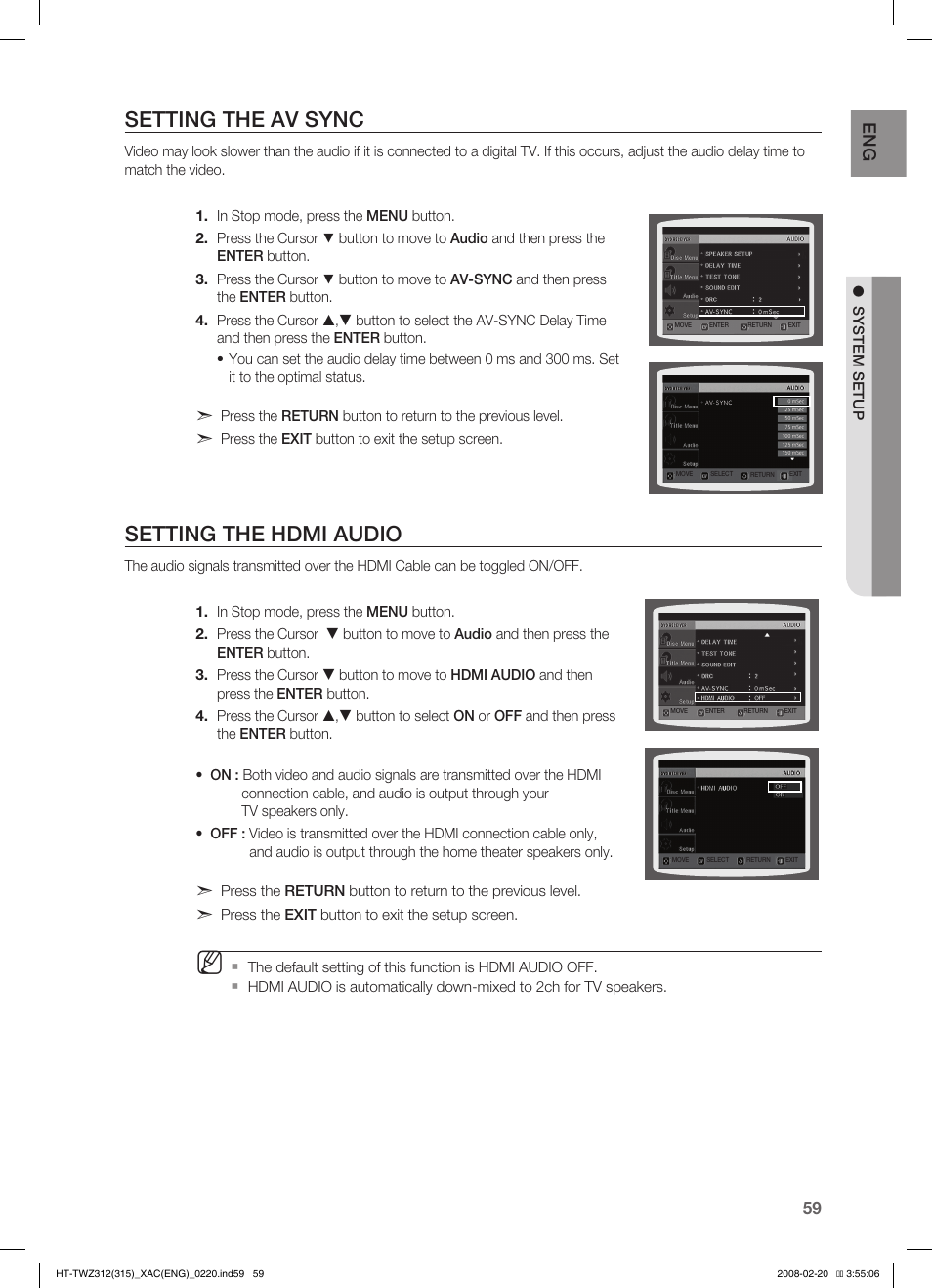 Setting the av sync, Setting the hdmi audio | Samsung HT-TWZ315 User Manual | Page 60 / 72