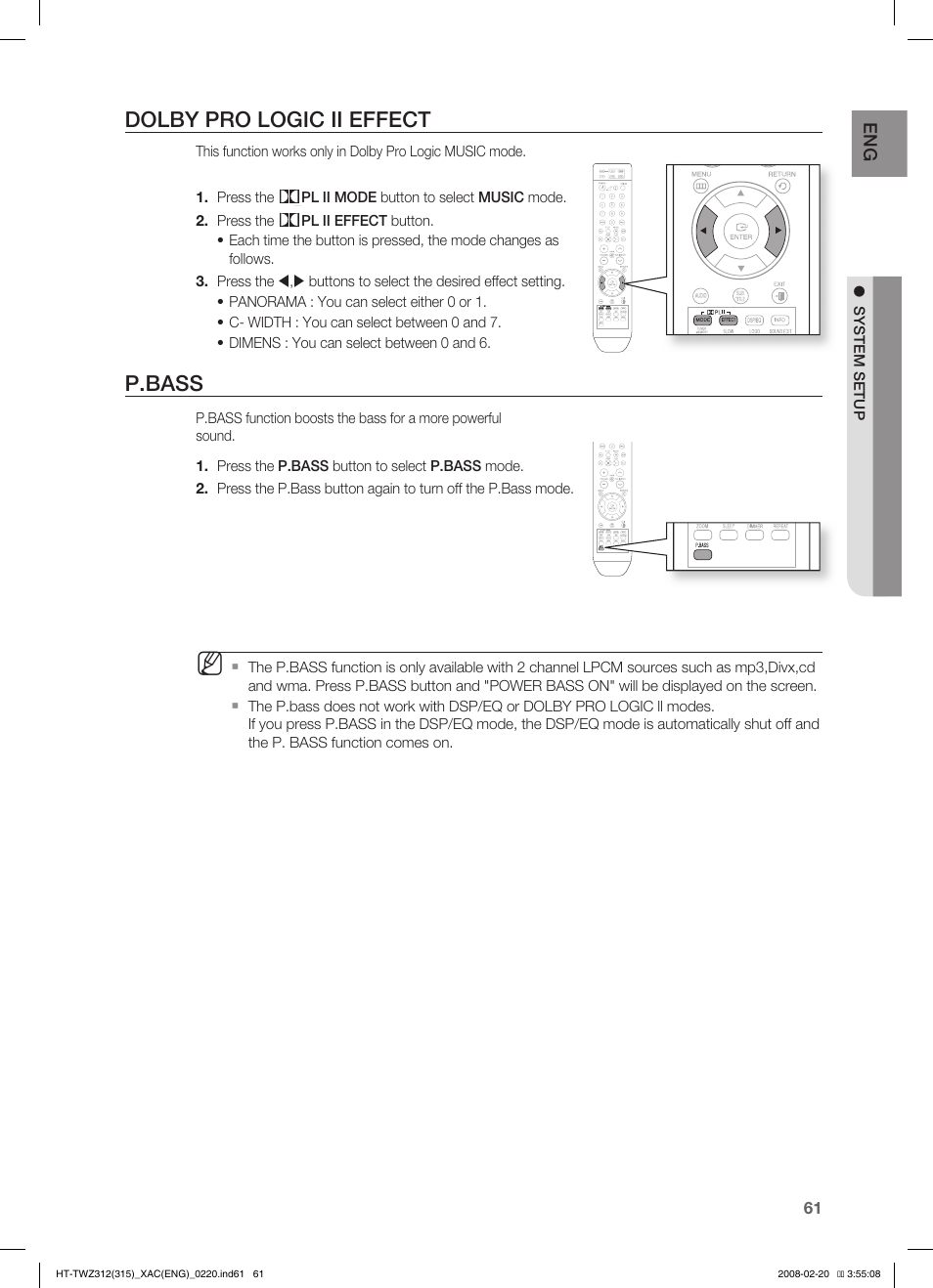 Dolby pro logic ii effect, P.bass | Samsung HT-TWZ315 User Manual | Page 62 / 72