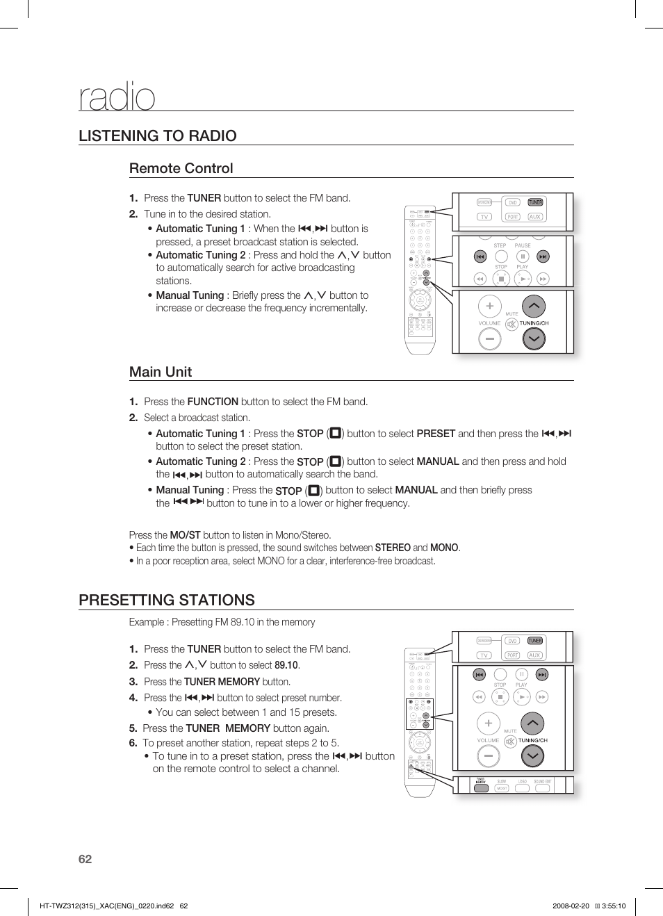 Radio, Listening to radio, Presetting stations | Samsung HT-TWZ315 User Manual | Page 63 / 72