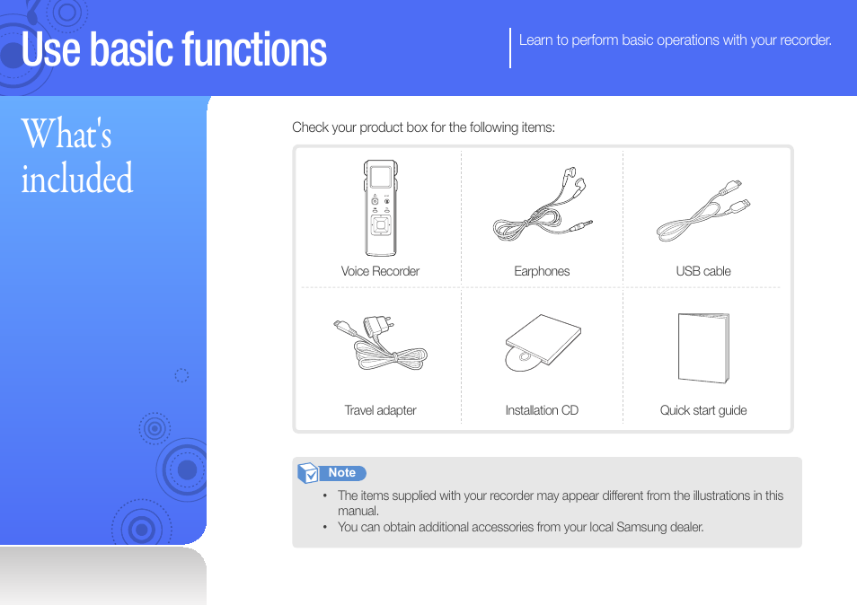 Use basic functions, What's included | Samsung YP-VP2 User Manual | Page 10 / 45