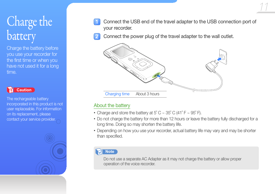 Charge the battery | Samsung YP-VP2 User Manual | Page 13 / 45