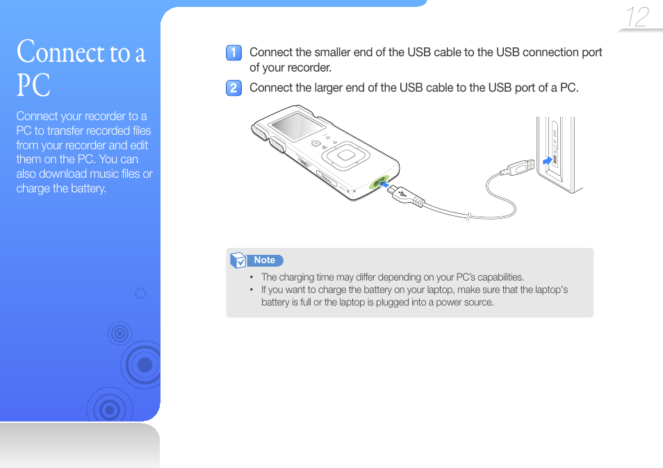 Connect to a pc | Samsung YP-VP2 User Manual | Page 14 / 45