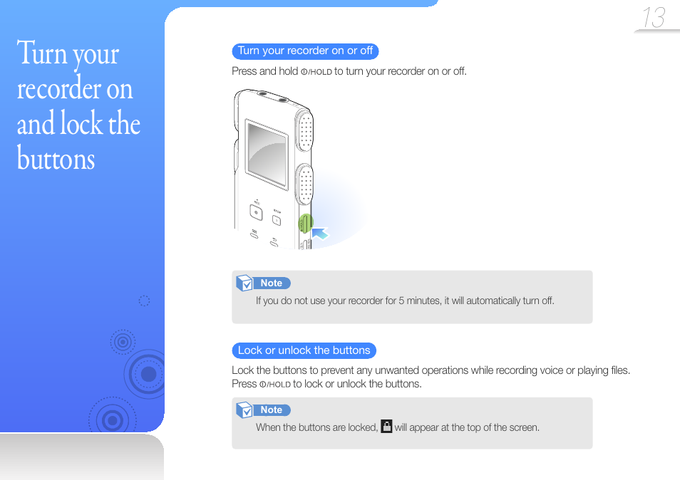 Turn your recorder on and lock the buttons, Turn your recorder on and lock, The buttons | Samsung YP-VP2 User Manual | Page 15 / 45