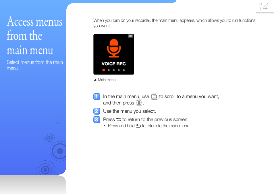 Access menus from the main menu, Access menus from the main, Menu | Samsung YP-VP2 User Manual | Page 16 / 45